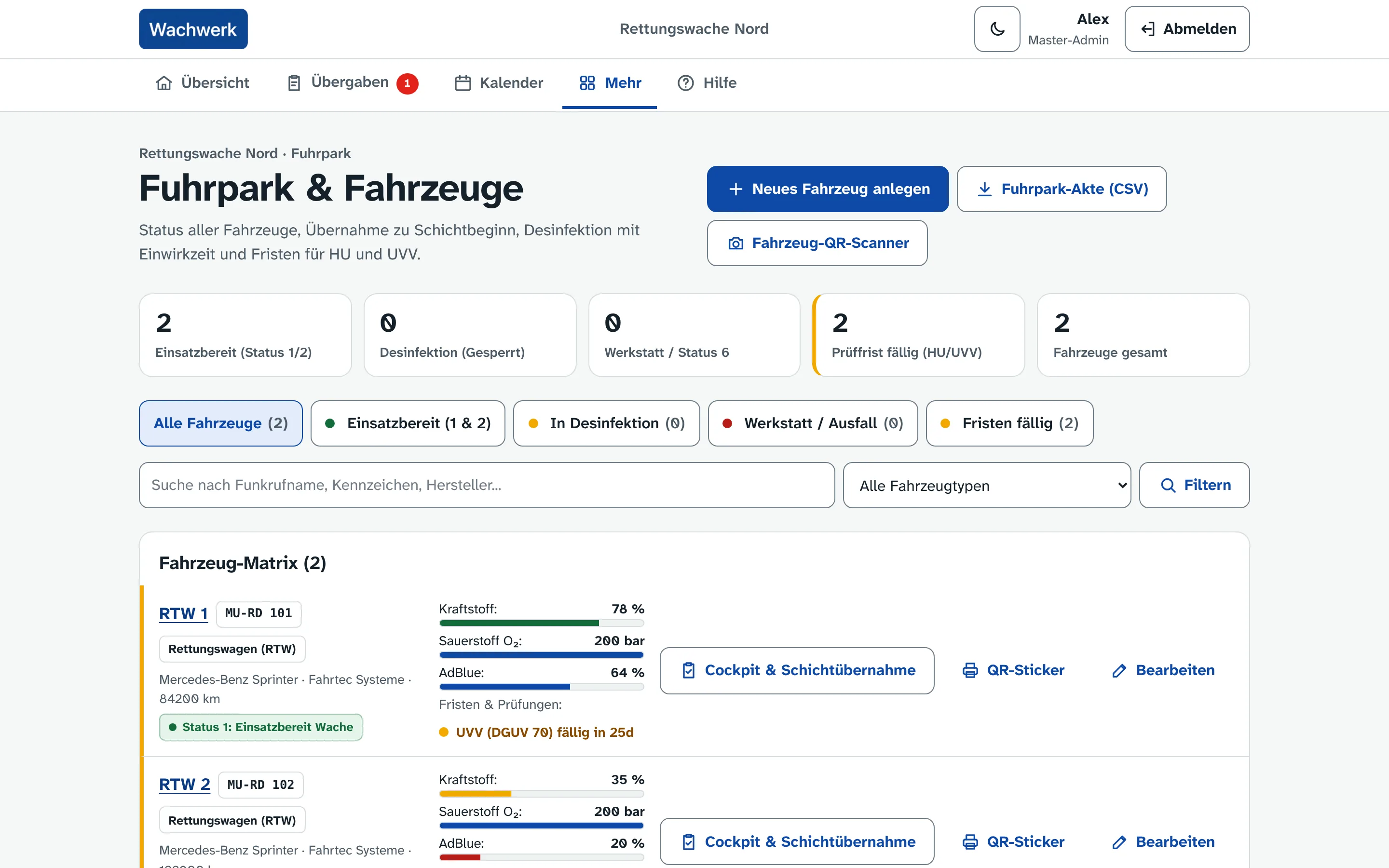 Fuhrpark mit Einsatzbereitschaft, Füllständen und fälligen Fristen je Fahrzeug.