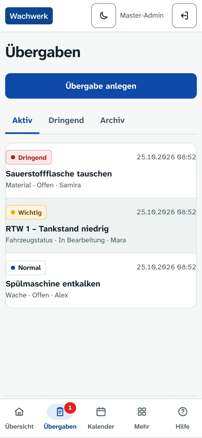 Liste der Übergaben auf dem Handy, nach Priorität sortiert: dringend, wichtig, normal.