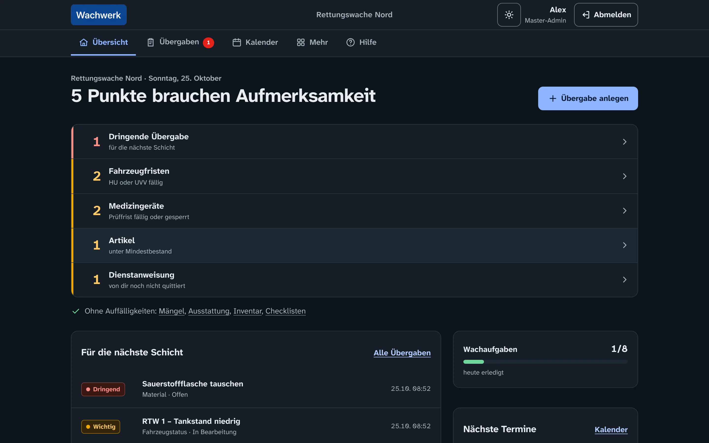 Übersicht am Desktop im dunklen Nachtdienst-Modus mit gedämpften Farben.