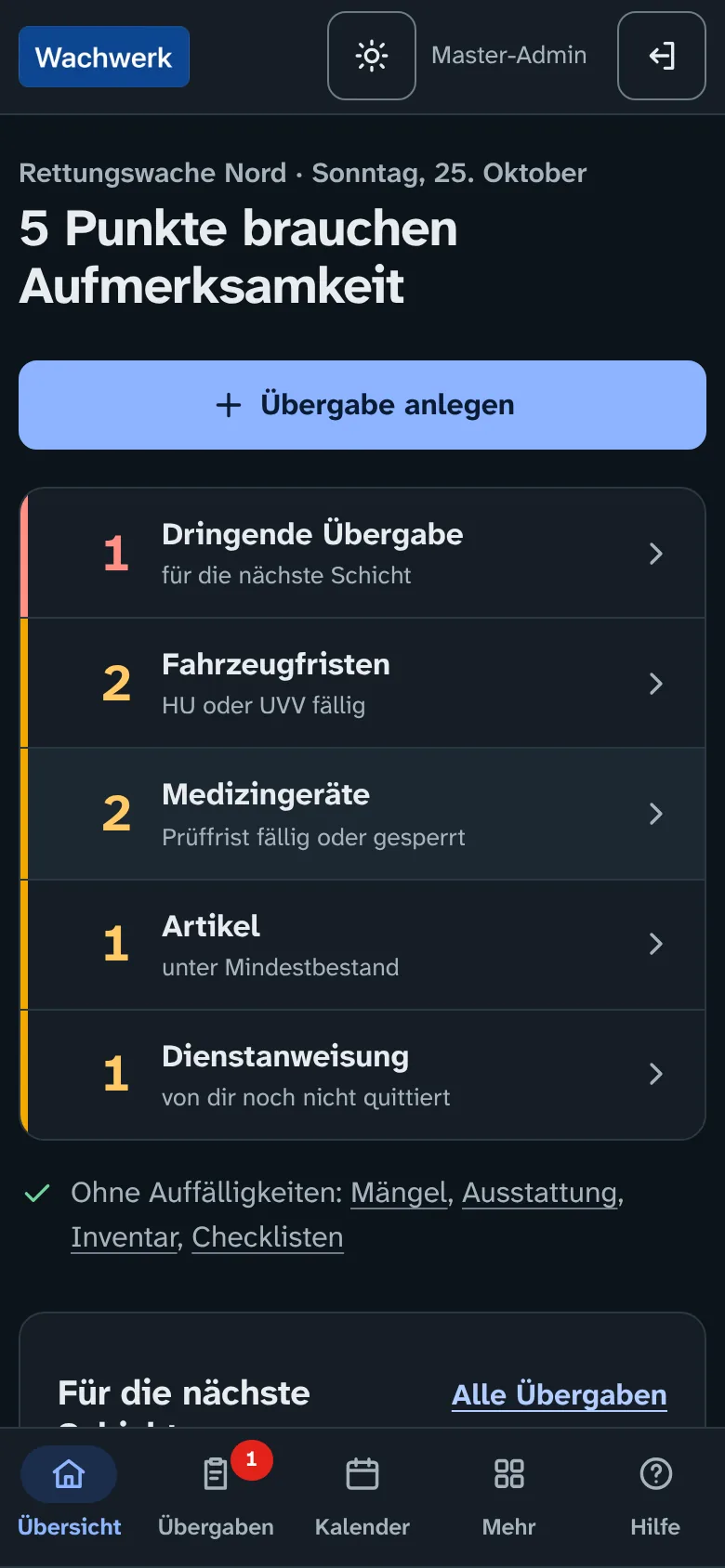 Dieselbe Übersicht auf dem Handy im dunklen Nachtdienst-Modus.